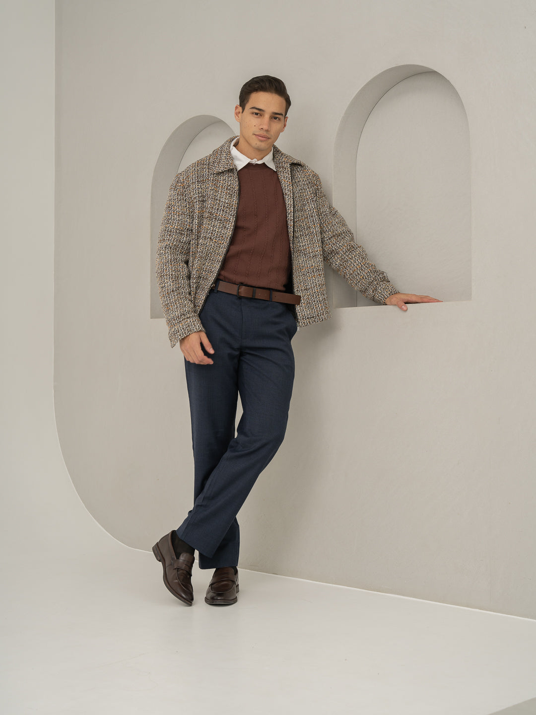 Front view of castle navy houndstooth merino wool pants at Pant Project