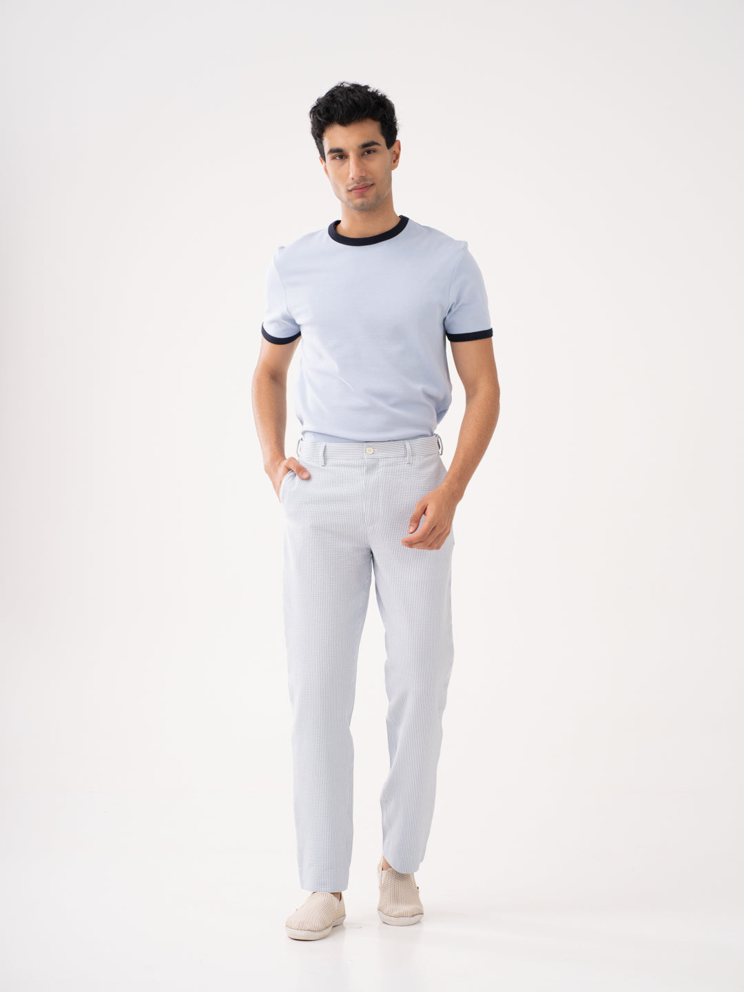 Breeze blue stretchable trousers by pant project, highlighting the tailored fit and soft fabric texture.