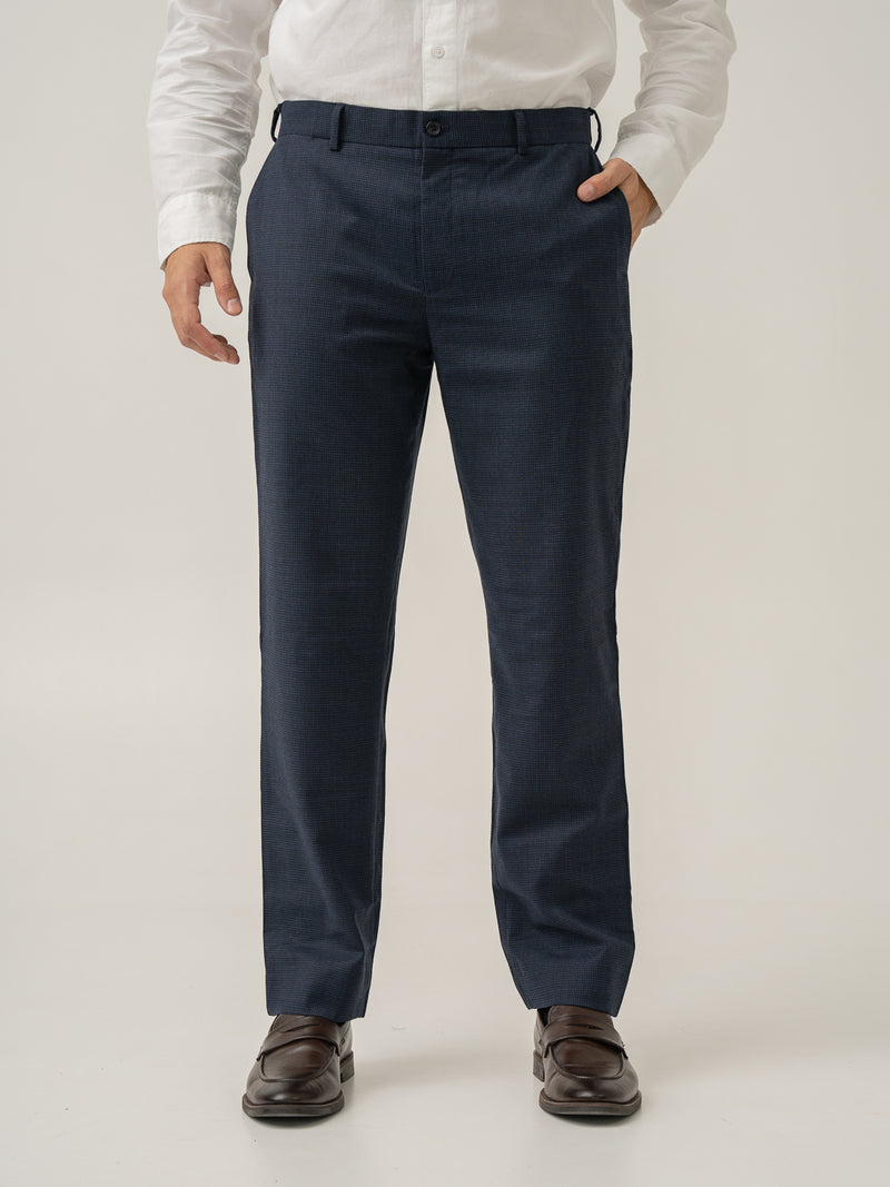 Front view of castle navy houndstooth merino wool pants at Pant Project