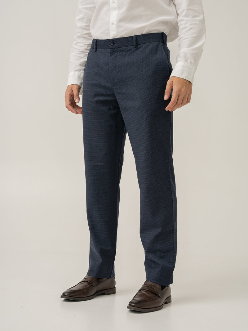 Side view of castle navy houndstooth merino wool pants at Pant Project