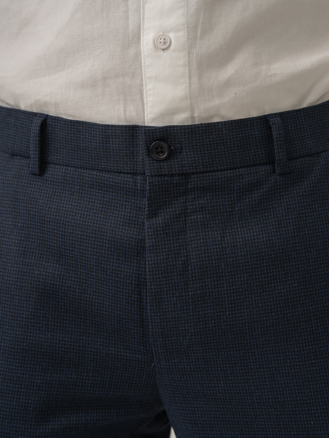 Waistband close up of castle navy houndstooth merino wool pants at Pant Project