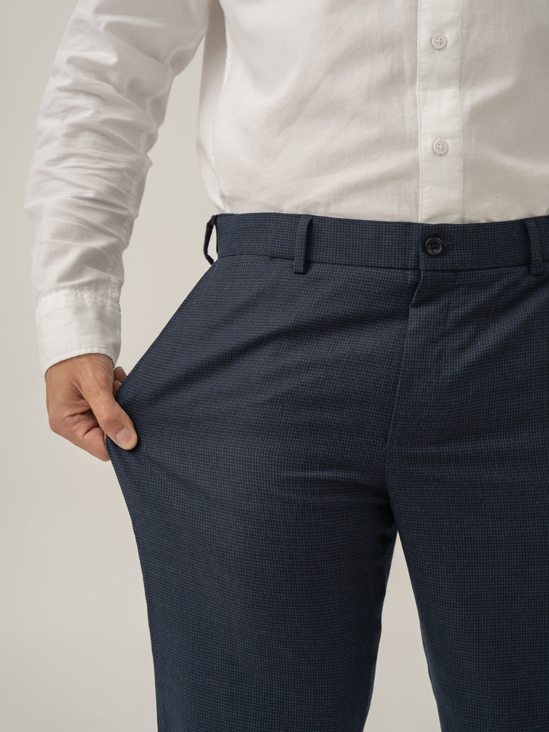 Stretch feature of castle navy houndstooth merino wool pants at Pant Project