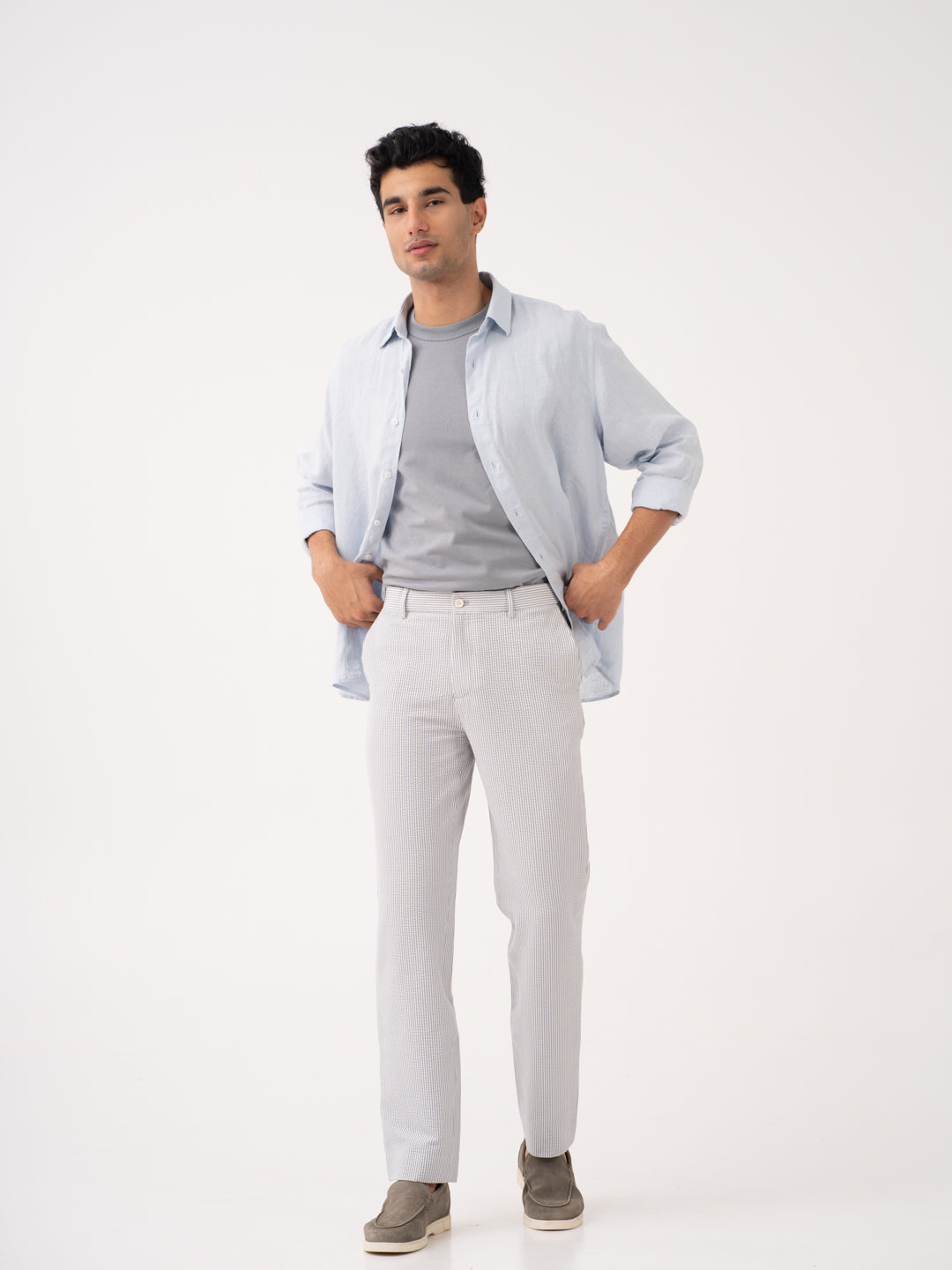 Full view of luna grey stretchable trousers by Pant Project, showcasing the sleek design and premium fabric quality.