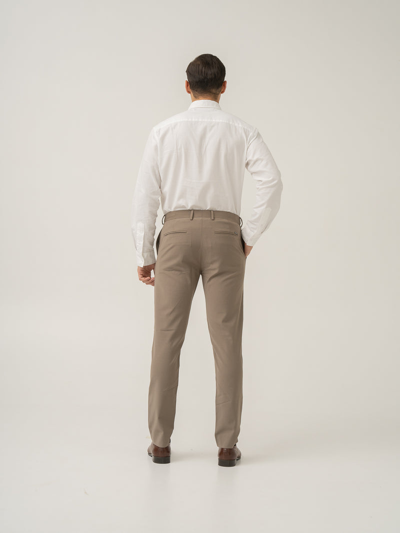 Full length back view of oslo olive luxury merino wool pant at Pant Project