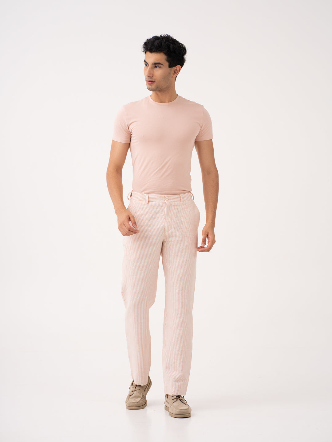 Poppy peach tailored trousers by pant project, highlighting the sleek fit and premium fabric texture.