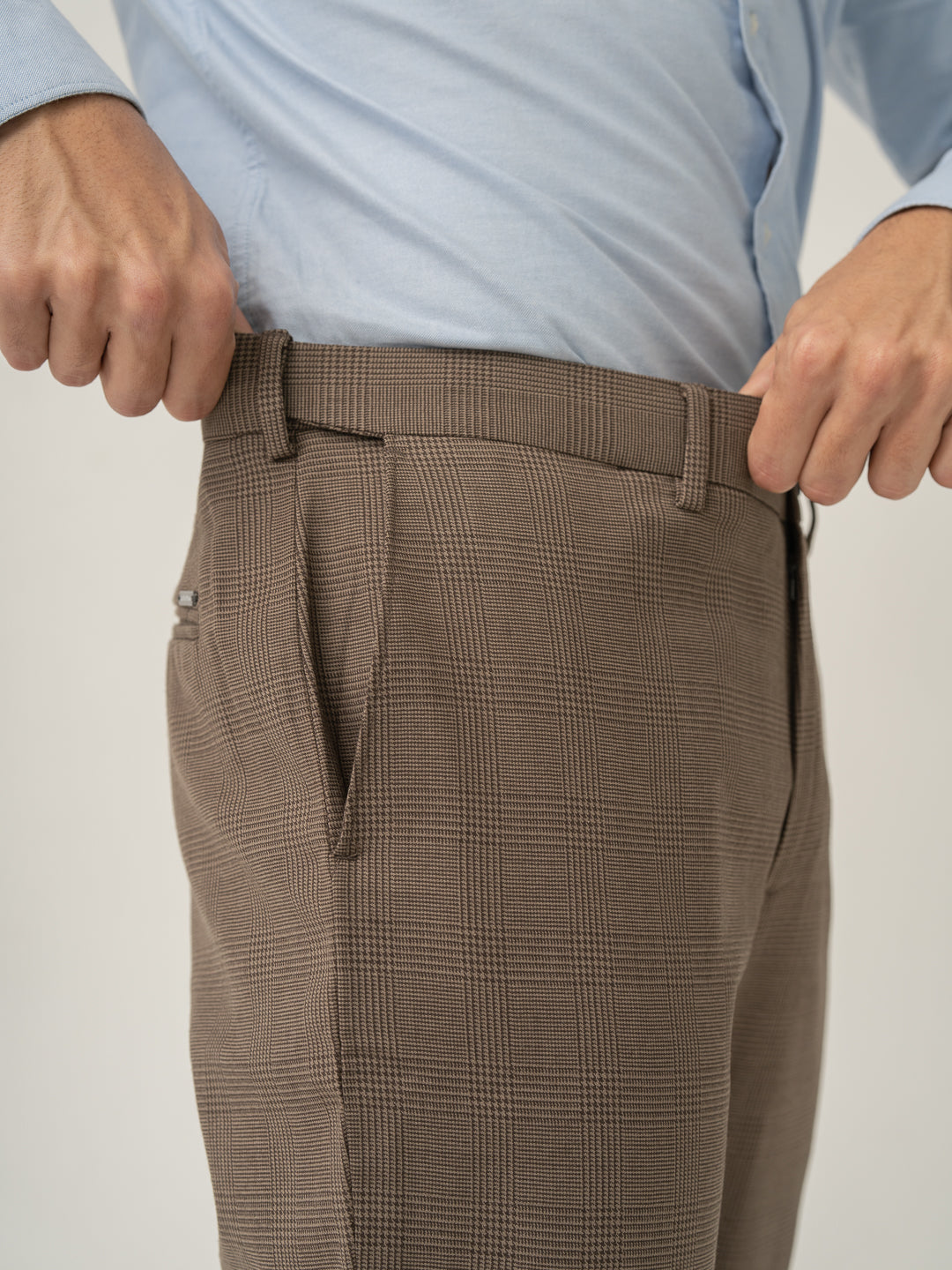 Stretch waistband close up of autumn brown checks merino wool pants at Pant Project