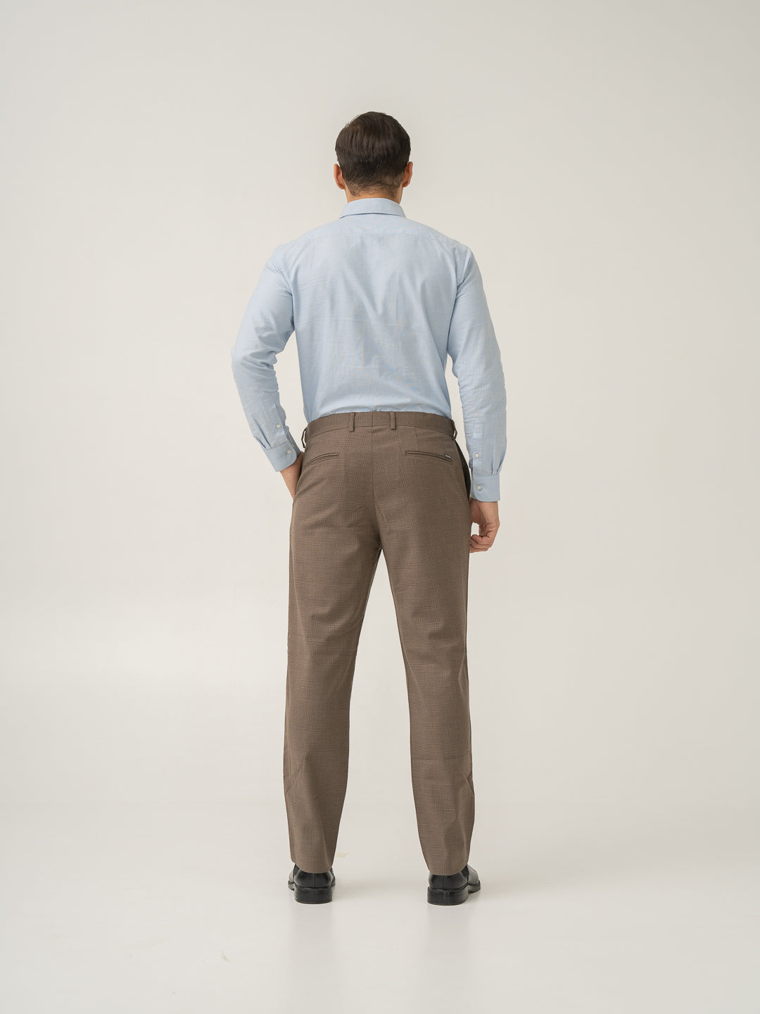 Full length back view of autumn brown checks merino wool pants at Pant Project