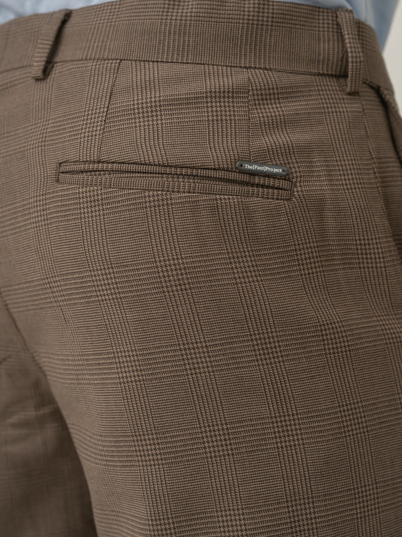 Back pocket detail of autumn brown checks merino wool pants at Pant Project