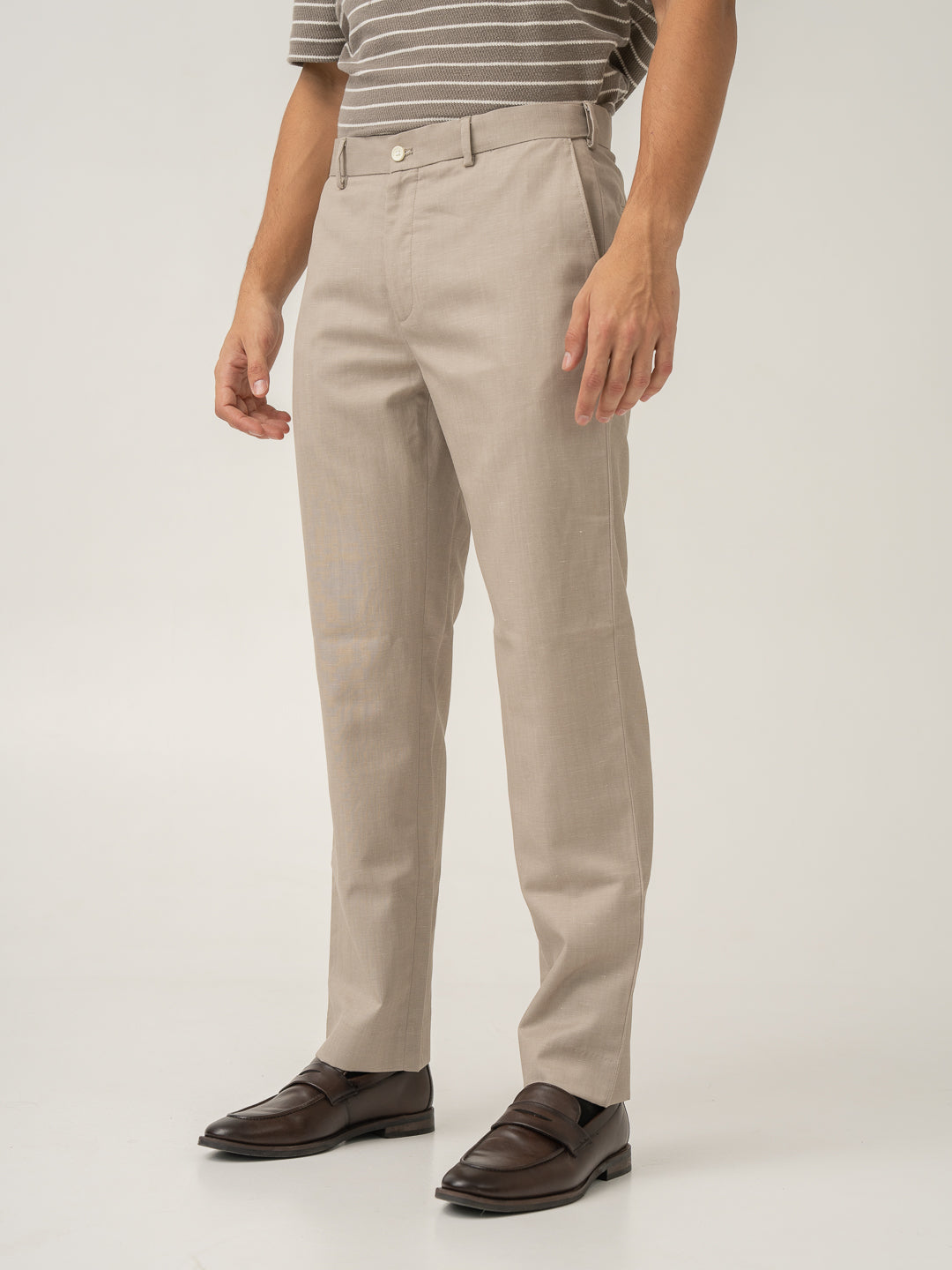 Side view of silica beige tropical wool linen pant at Pant Project