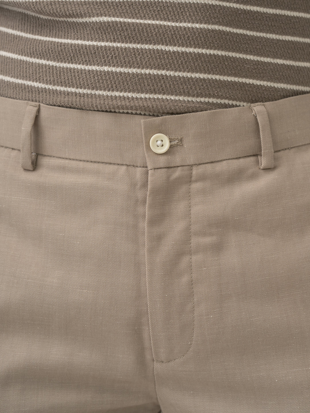 Waistband close up of silica beige tropical wool linen pant at Pant Project