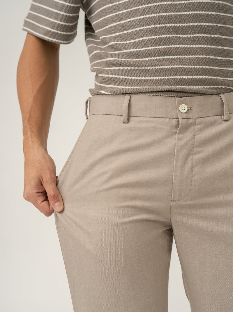 Stretch feature of silica beige tropical wool linen pant at Pant Project