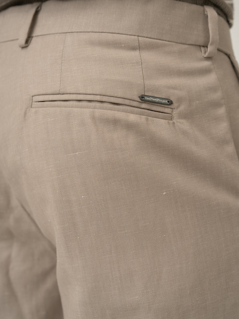 Back pocket detail of silica beige tropical wool linen pant at Pant Project