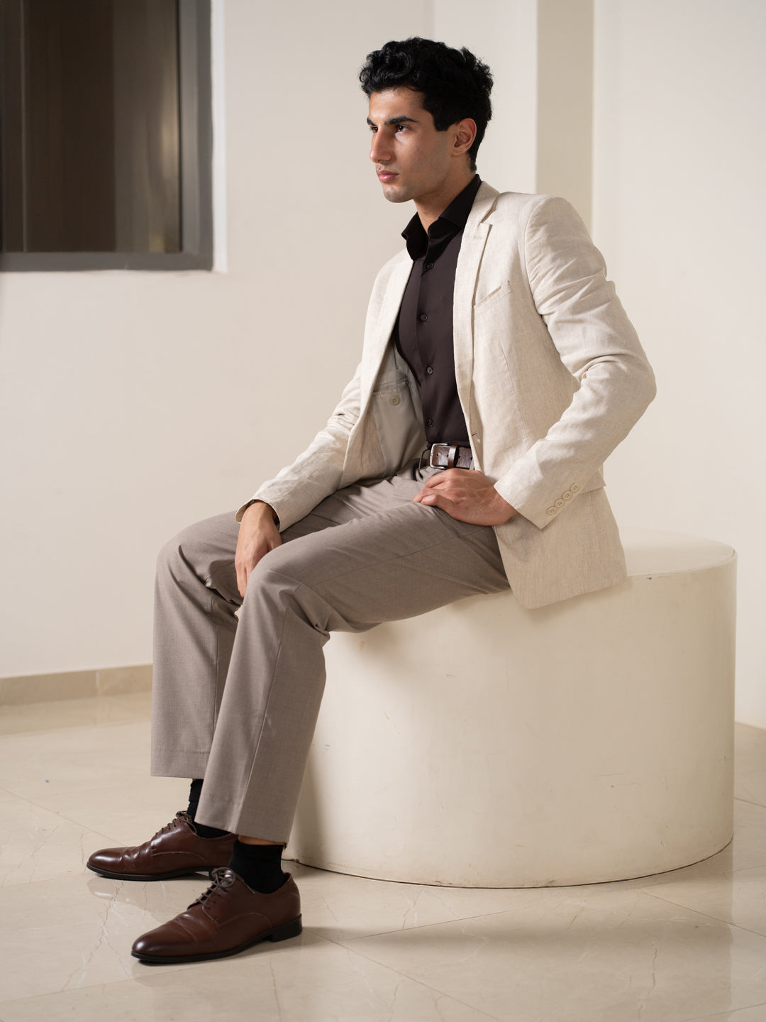 Whispering Khaki Melange Stretch Formal Pants