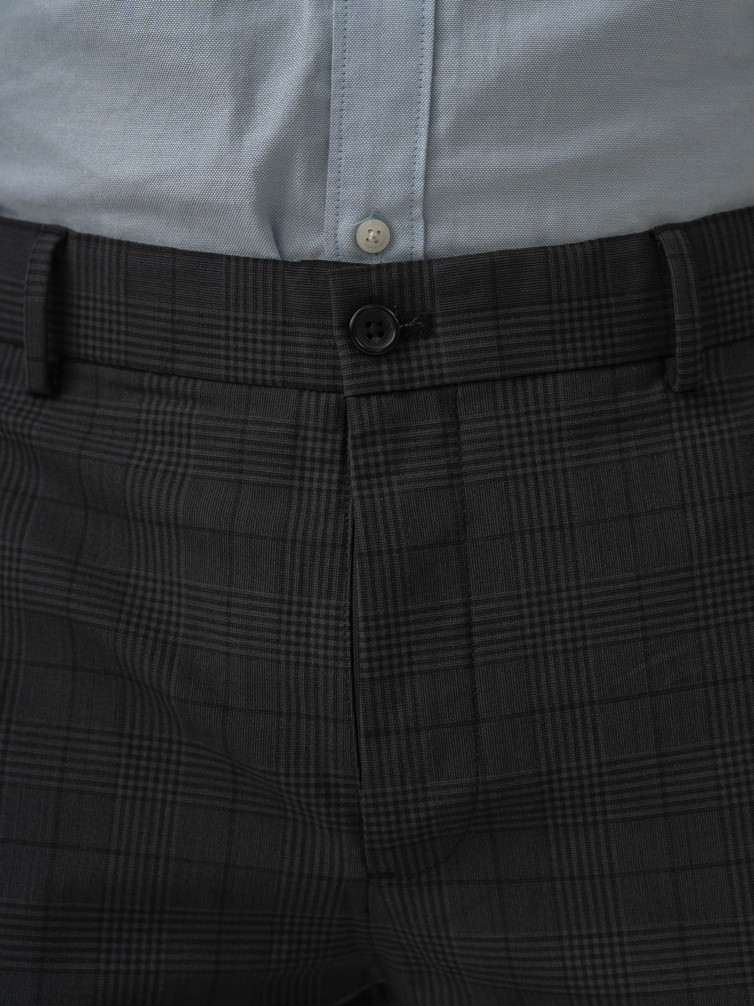 Waistband close up of belgium black checks merino wool pant at Pant Project