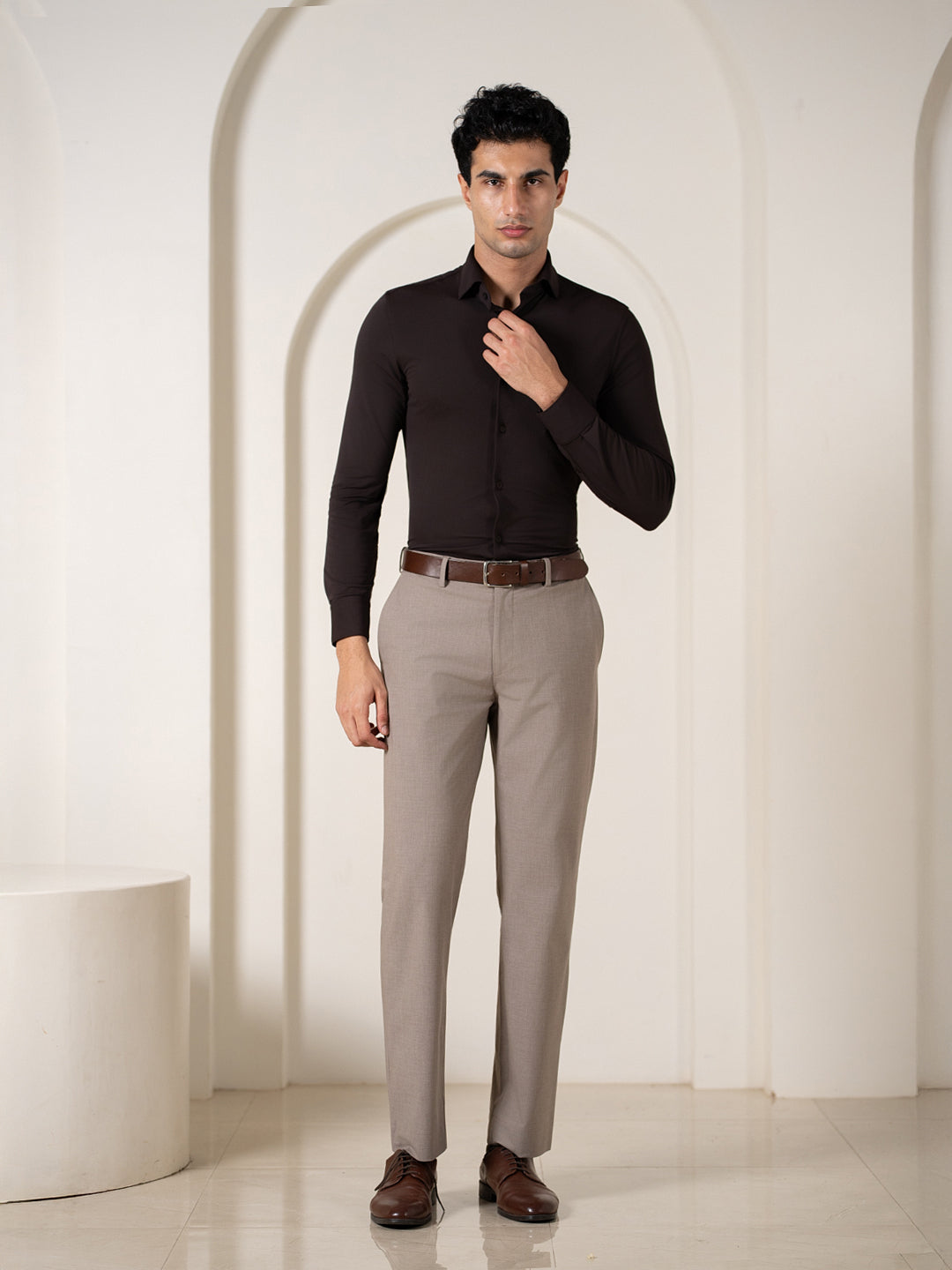 Whispering Khaki Melange Stretch Formal Pants
