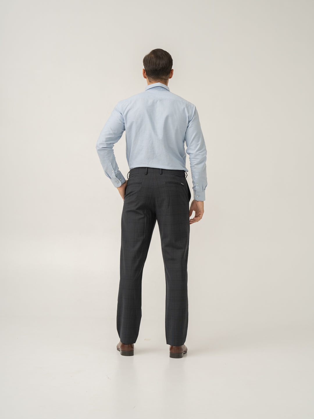 Full length back view of belgium black checks merino wool pant at Pant Project