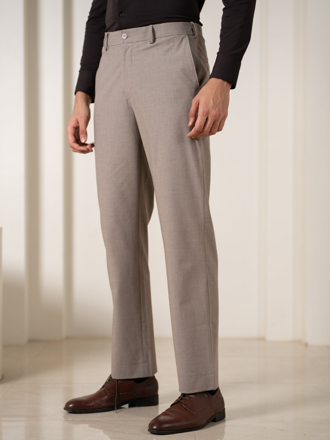 Whispering Khaki Melange Stretch Formal Pants