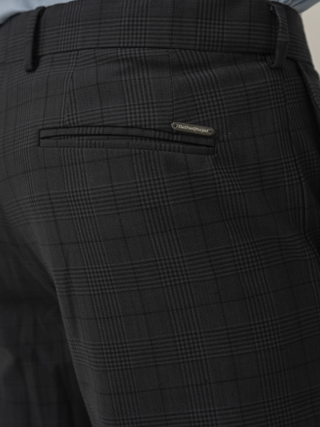 Back pocket detail of belgium black checks merino wool pant at Pant Project