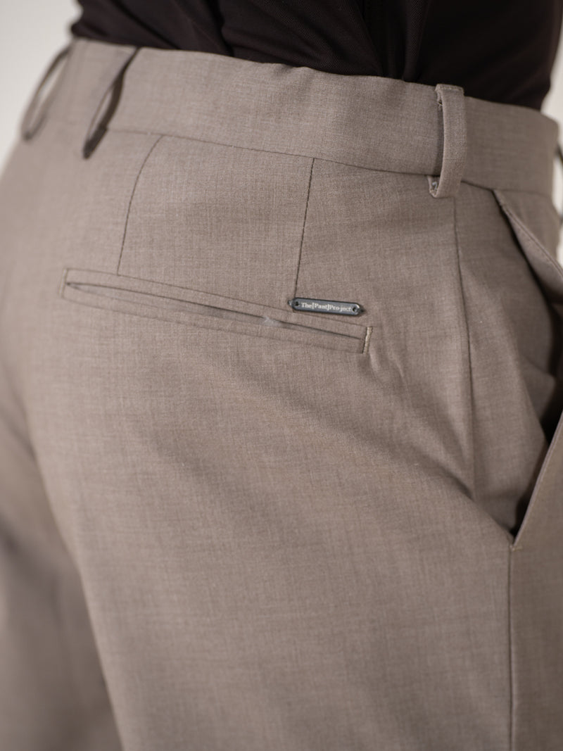 Muted Khaki Melange Relaxed Fit Stretch Formal Pants