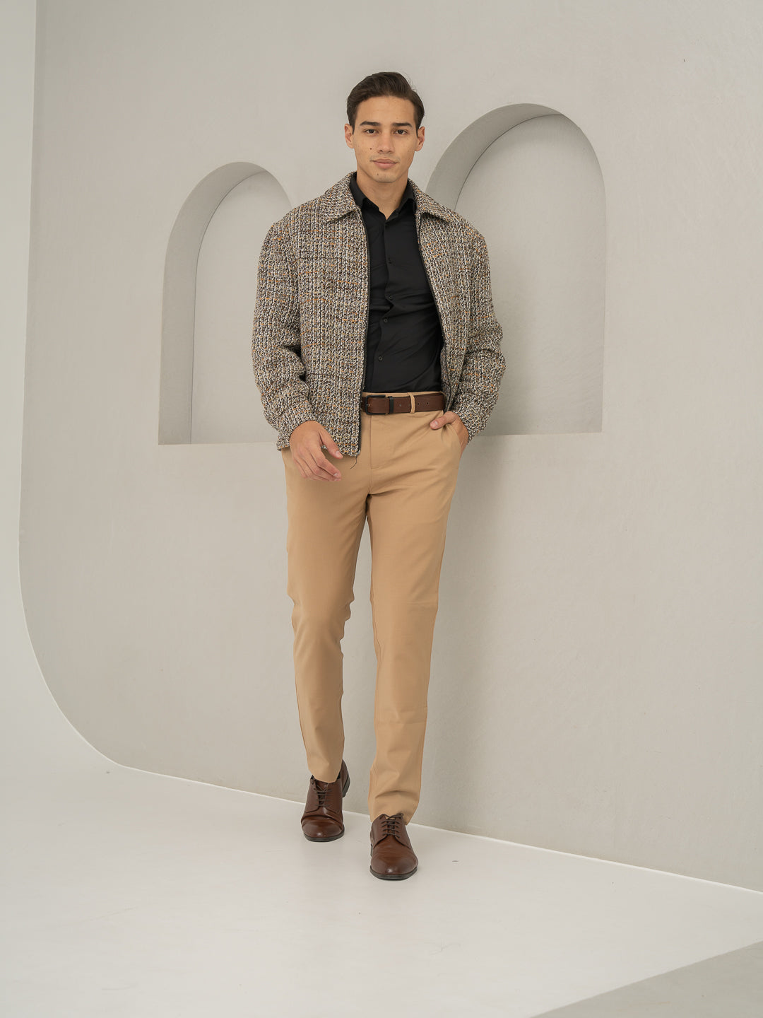 Front view of baku beige luxury merino wool pant at Pant Project