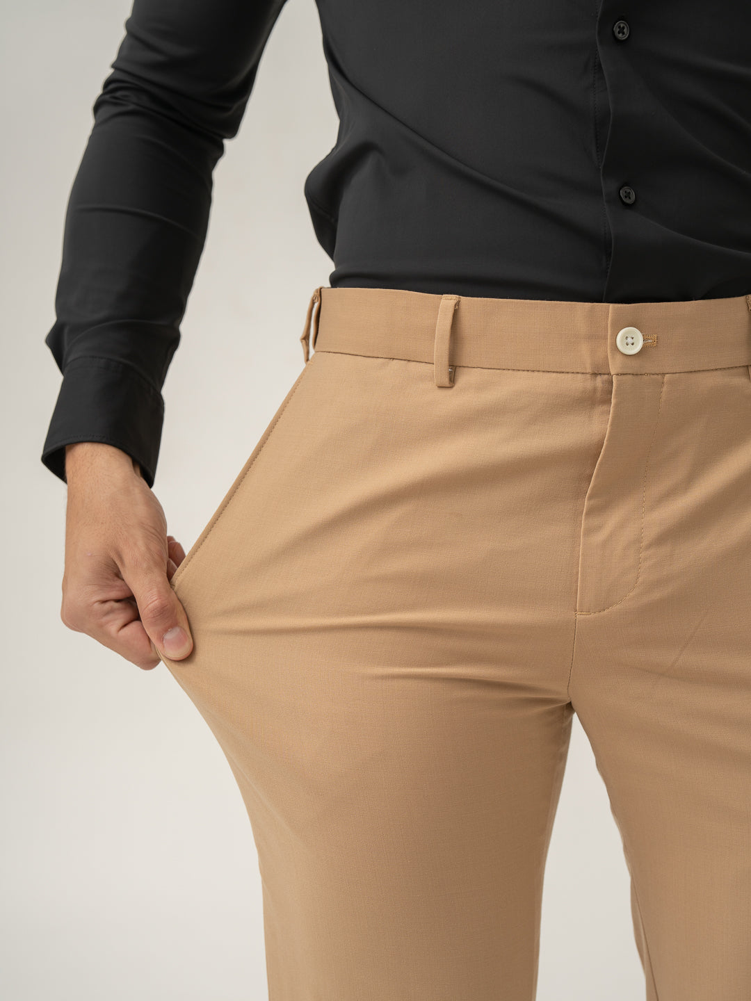 Stretch feature of baku beige luxury merino wool pant at Pant Project