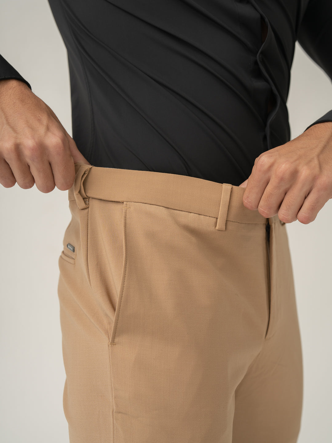 Stretch waistband close up of baku beige luxury merino wool pant at Pant Project