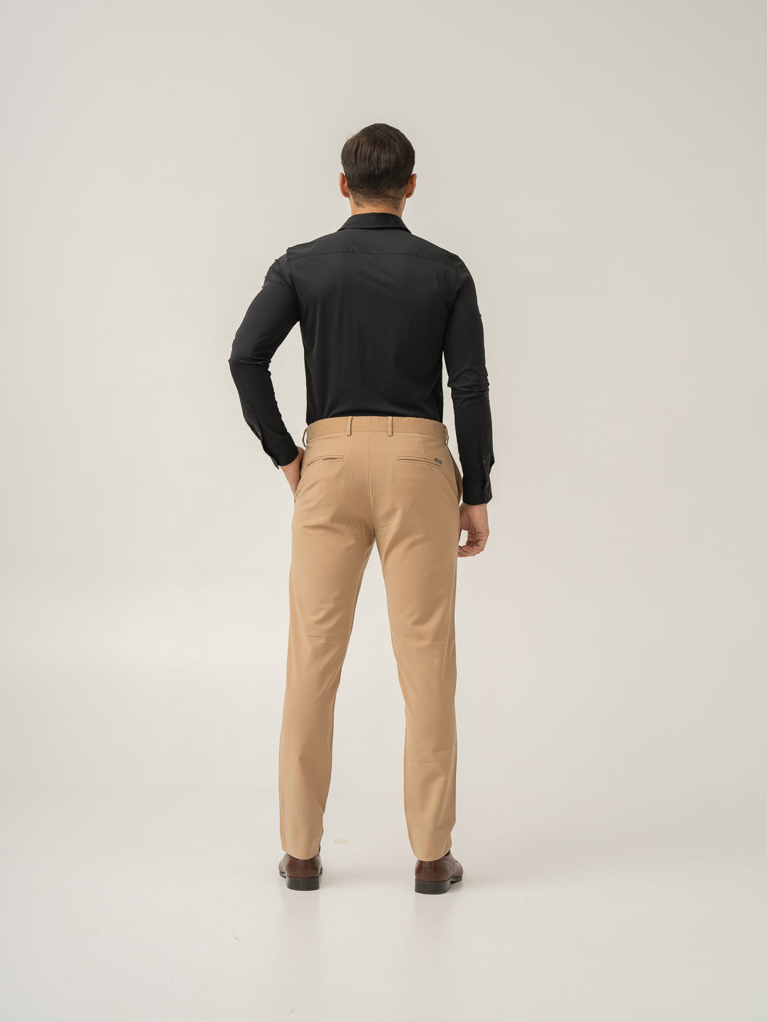 Full length back view of baku beige luxury merino wool pant at Pant Project