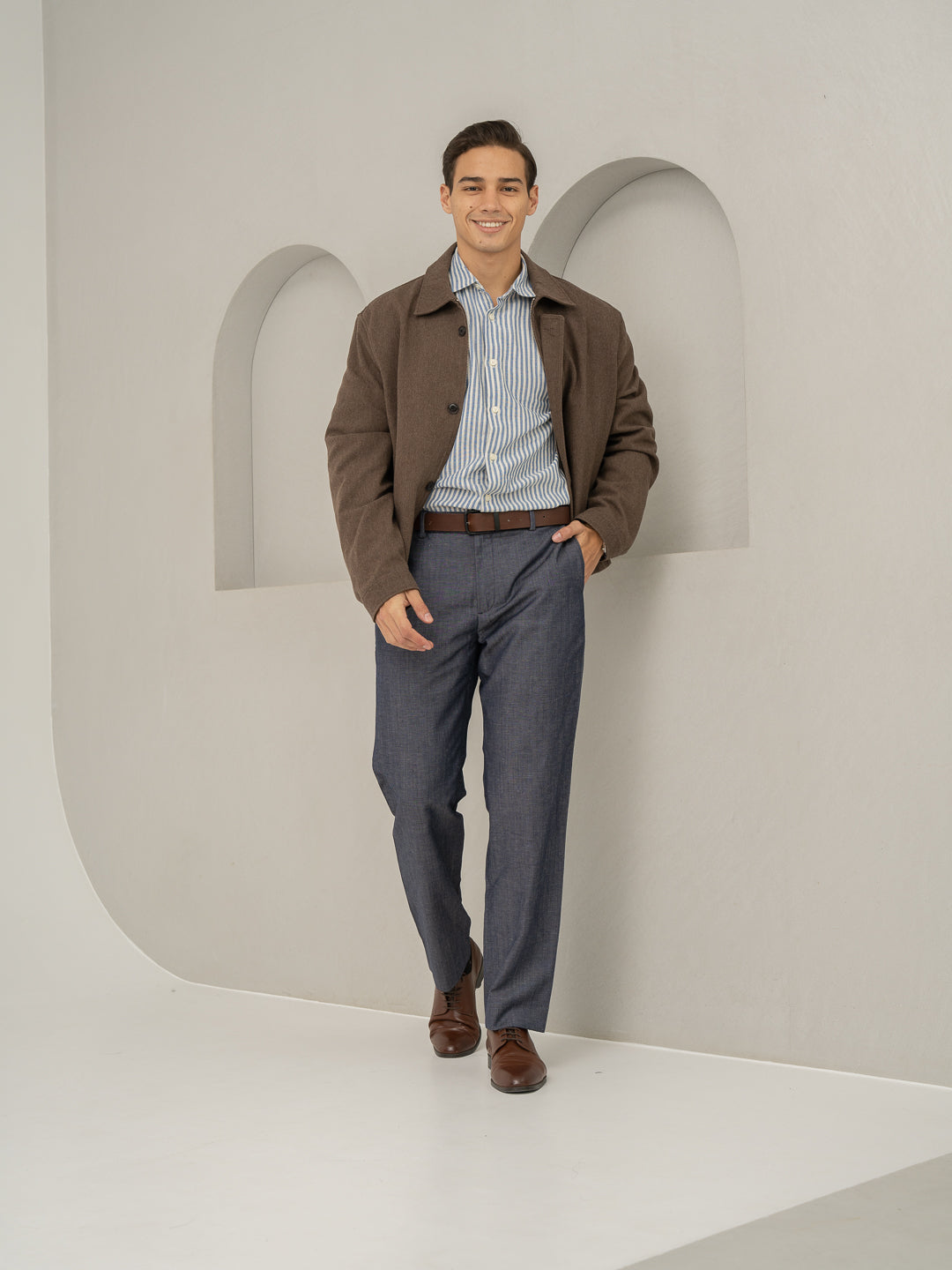 Front view of whistle blue tropical wool linen pant at Pant Project