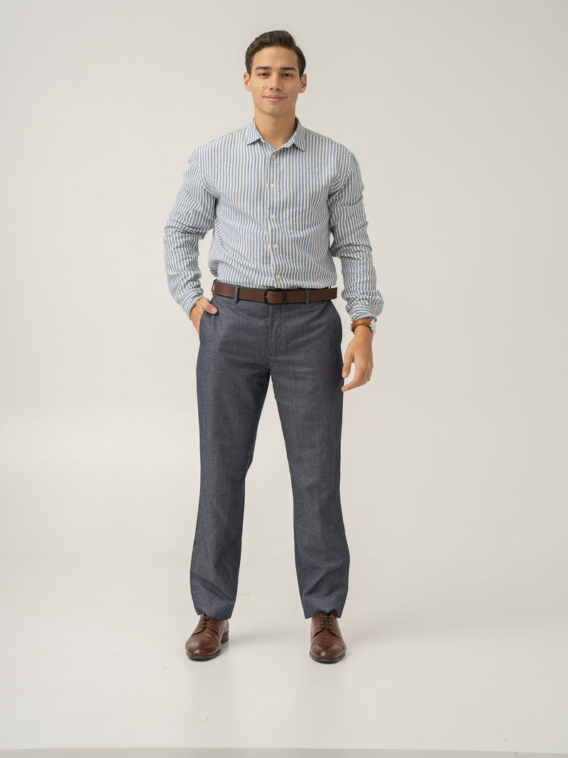 Full view of whistle blue tropical wool linen pant at Pant Project