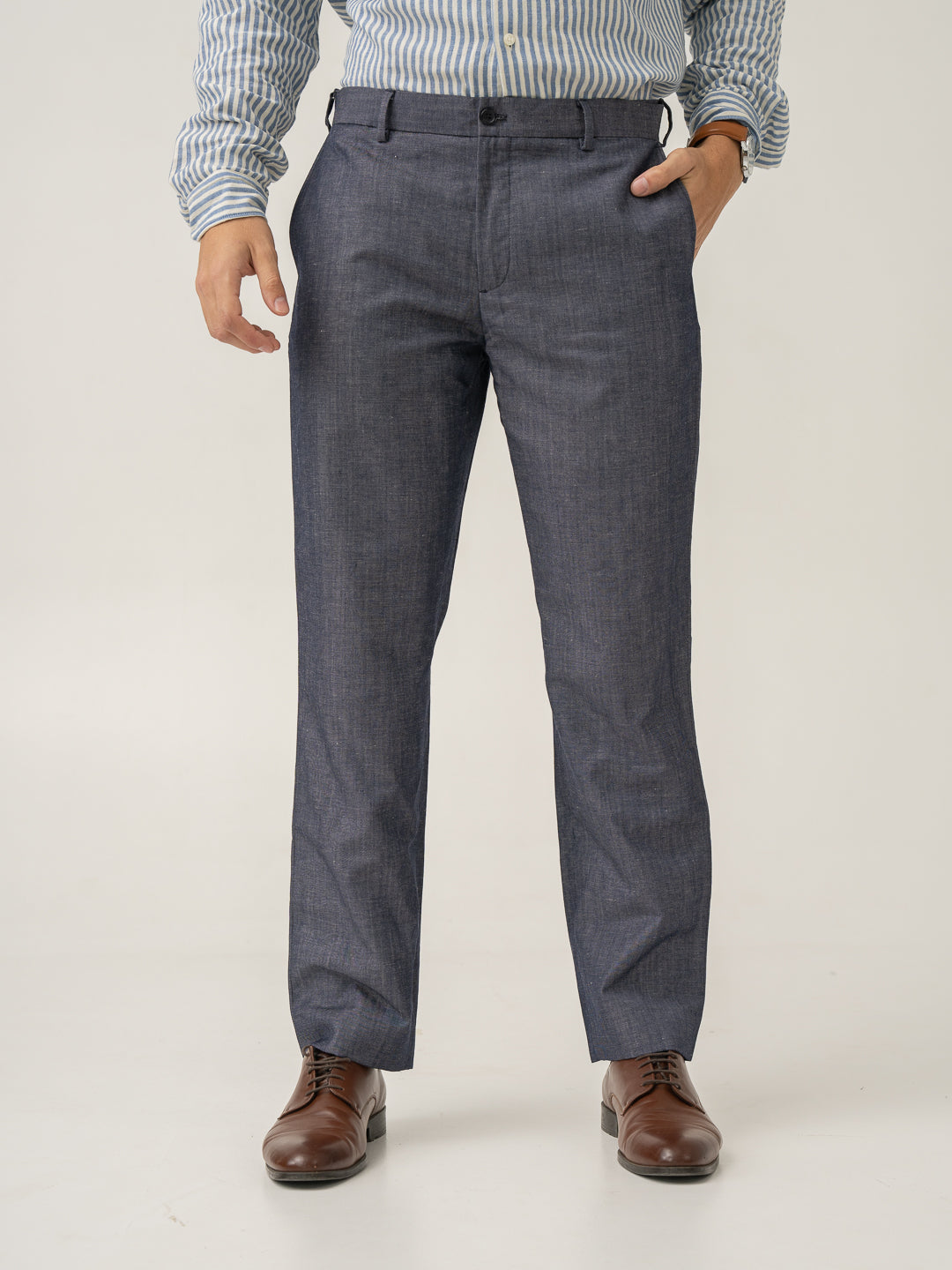 Front view of whistle blue tropical wool linen pant at Pant Project