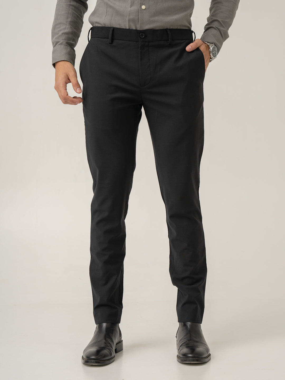 Front view of biella black luxury merino wool pant at Pant Project