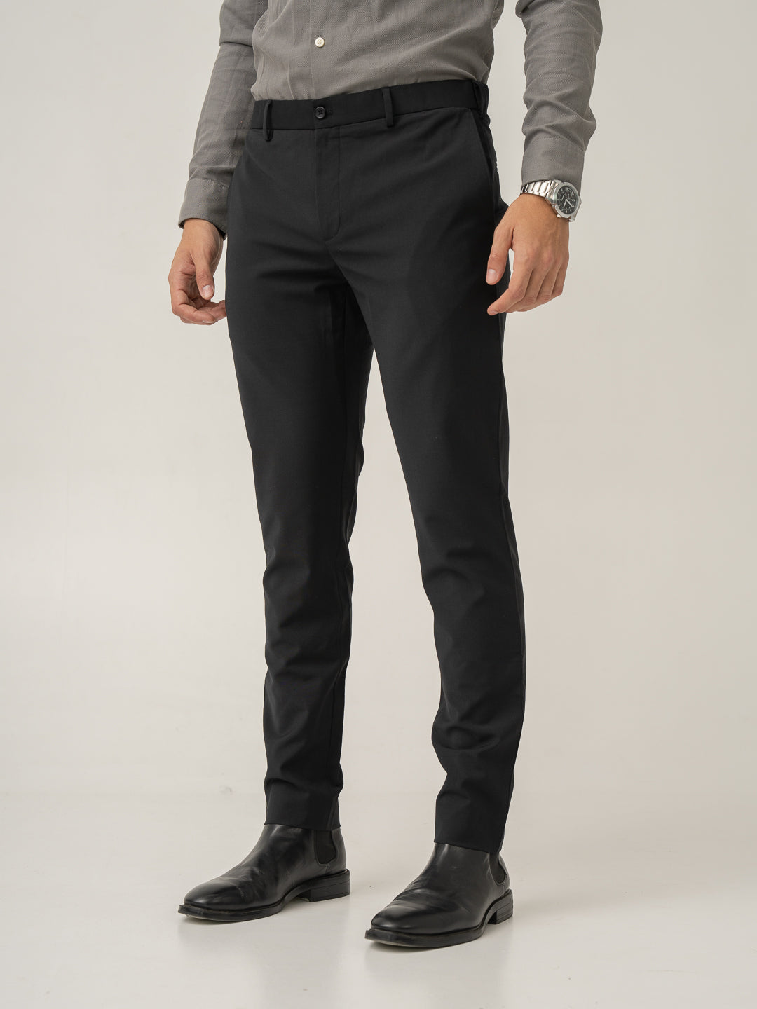 Side view of biella black luxury merino wool pant at Pant Project