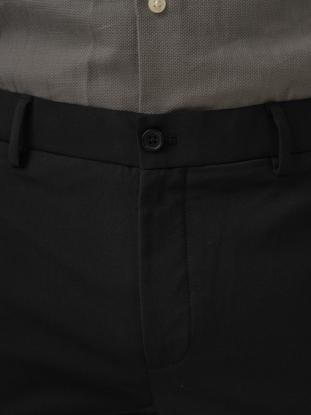 Waistband close up of biella black luxury merino wool pant at Pant Project