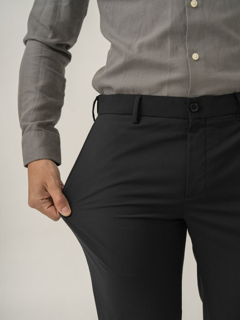 Stretch feature of biella black luxury merino wool pant at Pant Project