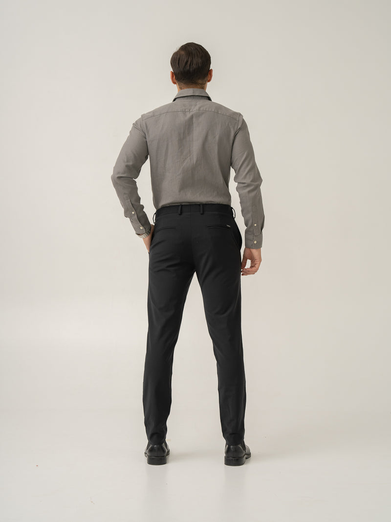 Full length back view of biella black luxury merino wool pant at Pant Project