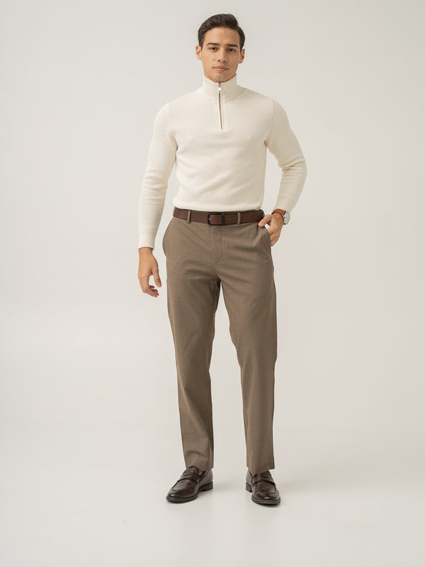 Boston brown merino wool pant front view by Pant Project with elegant finish