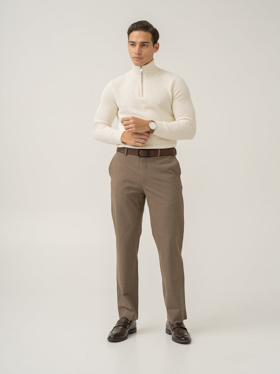 Angled view of boston brown merino wool pant by Pant Project with stylish look