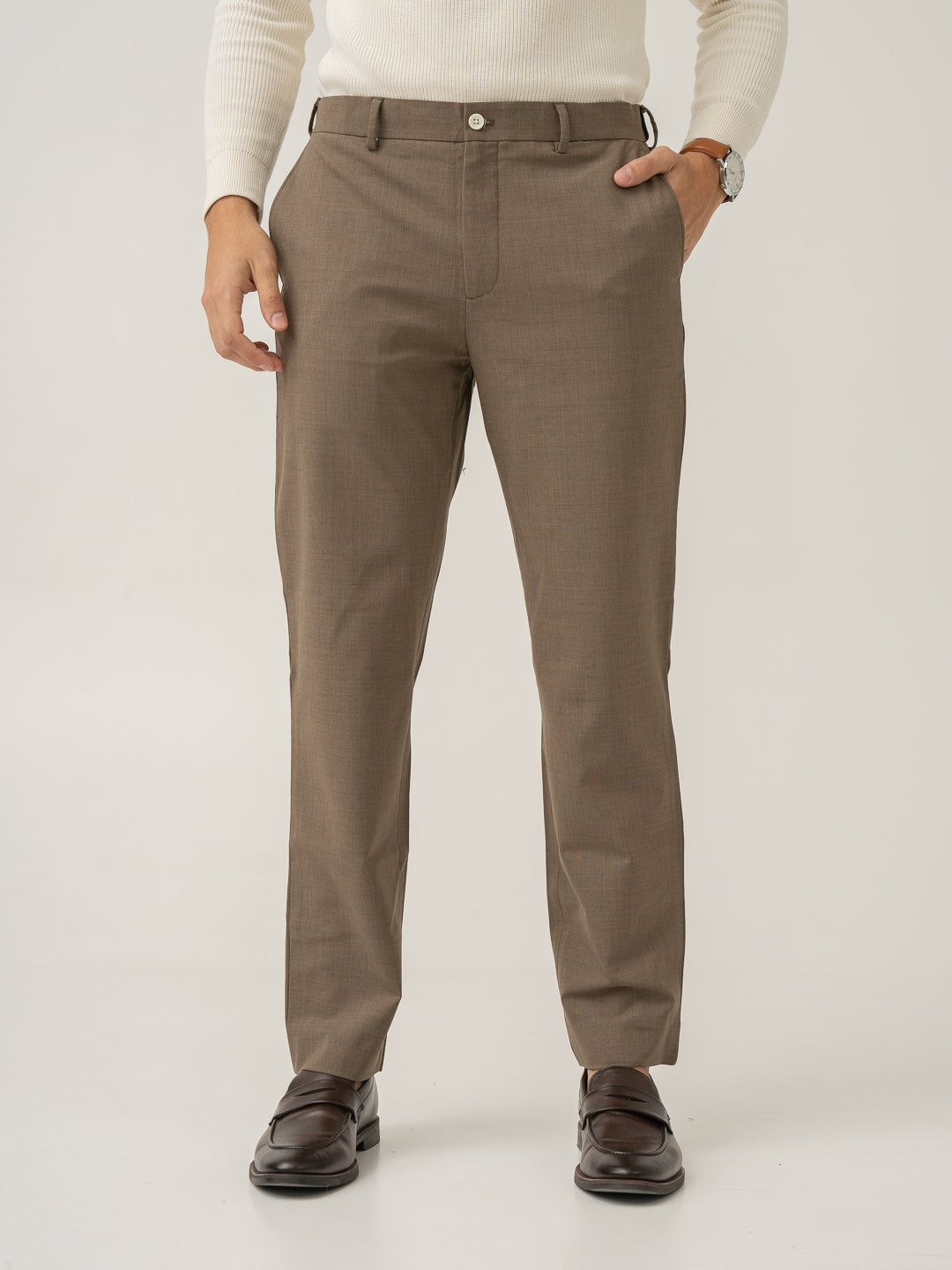 Front view of boston brown merino wool pant by Pant Project featuring sleek design