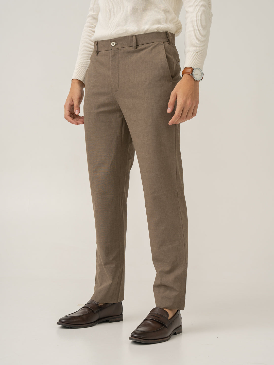 Close-up side view of boston brown merino wool pant by Pant Project fine details.