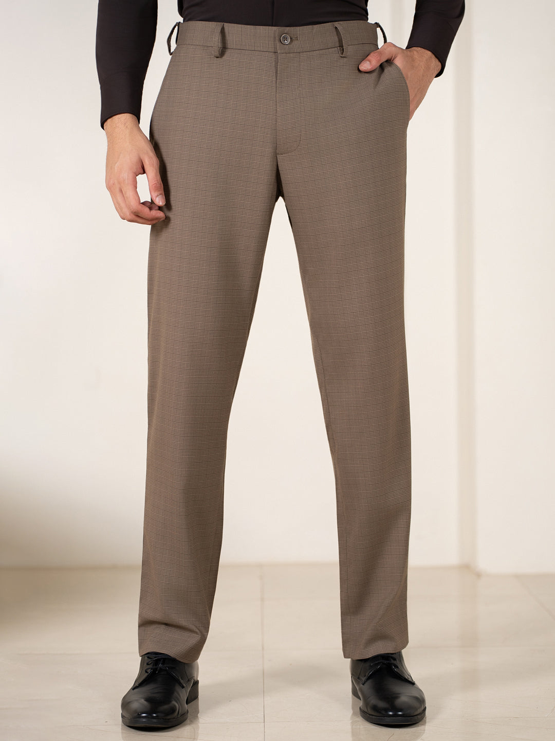 Beagle Khaki Houndstooth Relaxed Fit Stretch Formal Pants