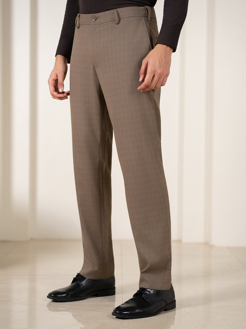 Beagle Khaki Houndstooth Relaxed Fit Stretch Formal Pants