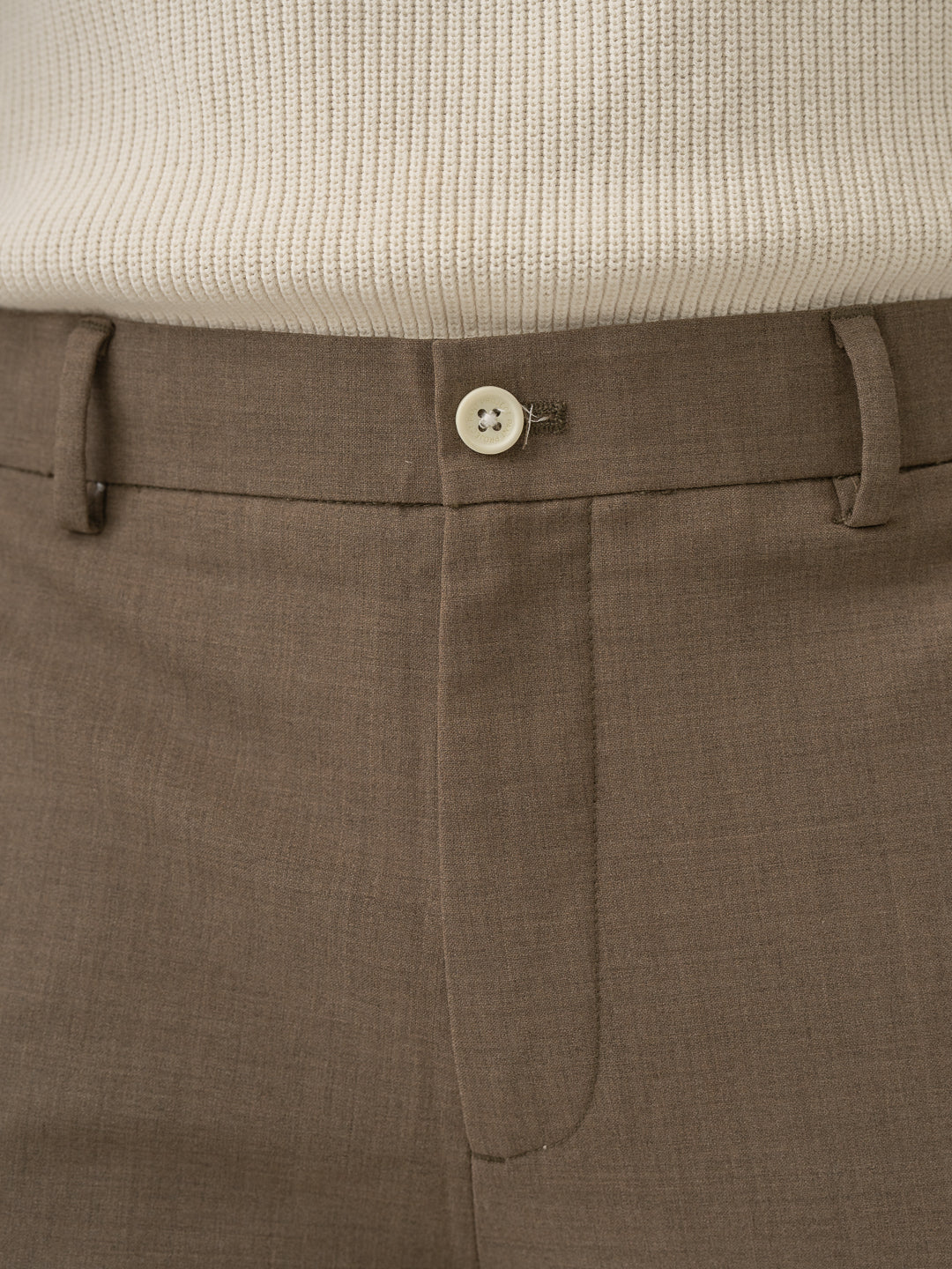 Brown merino wool pant by Pant Project front view button detail