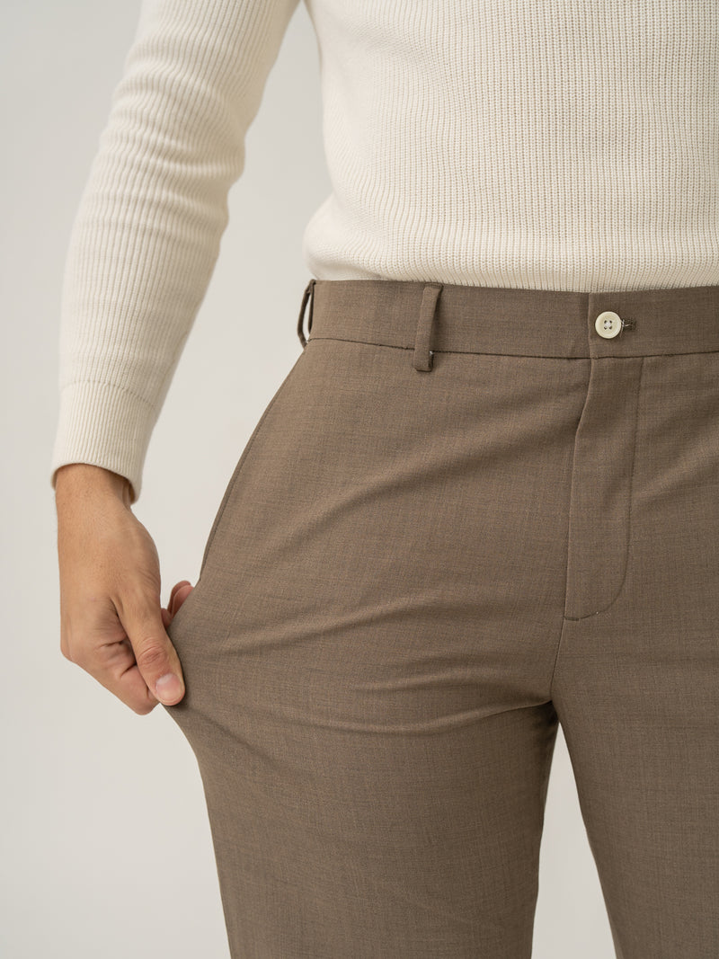 Close-up side view of boston brown merino wool pant by Pant Project fine details.