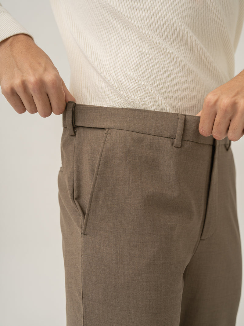 Detailed front view of boston brown merino wool pant by Pant Project soft finish.