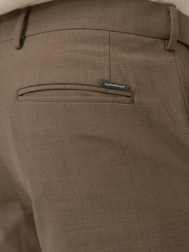 Back view of brown merino wool pant by Pant Project with pocket detail