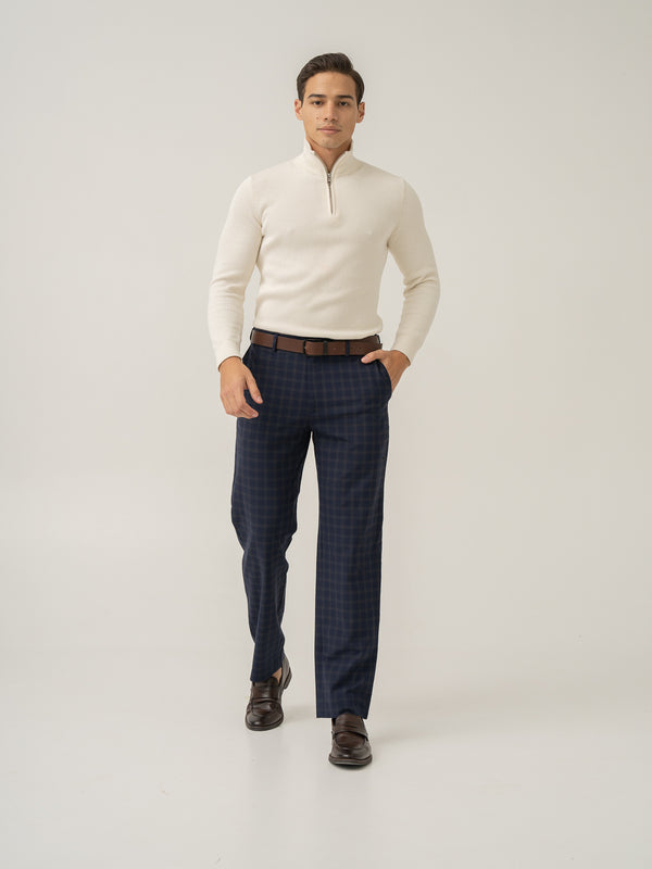 Full view of nightlife navy checks merino wool pant at Pant Project