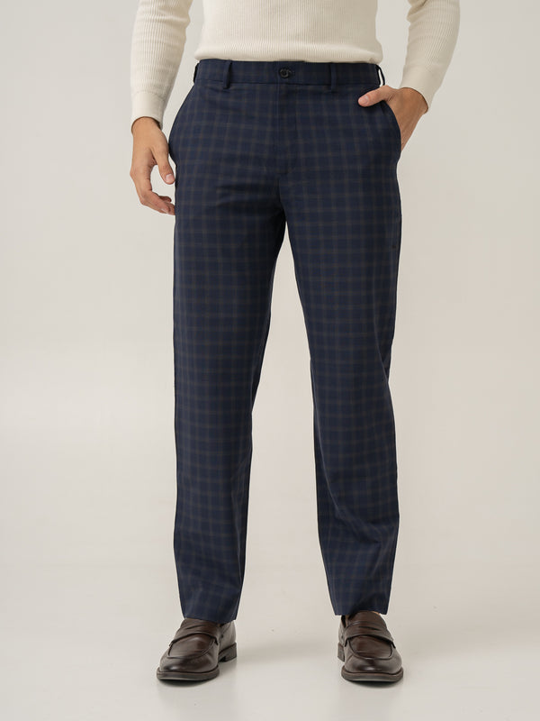 Front view of nightlife navy checks merino wool pant at Pant Project