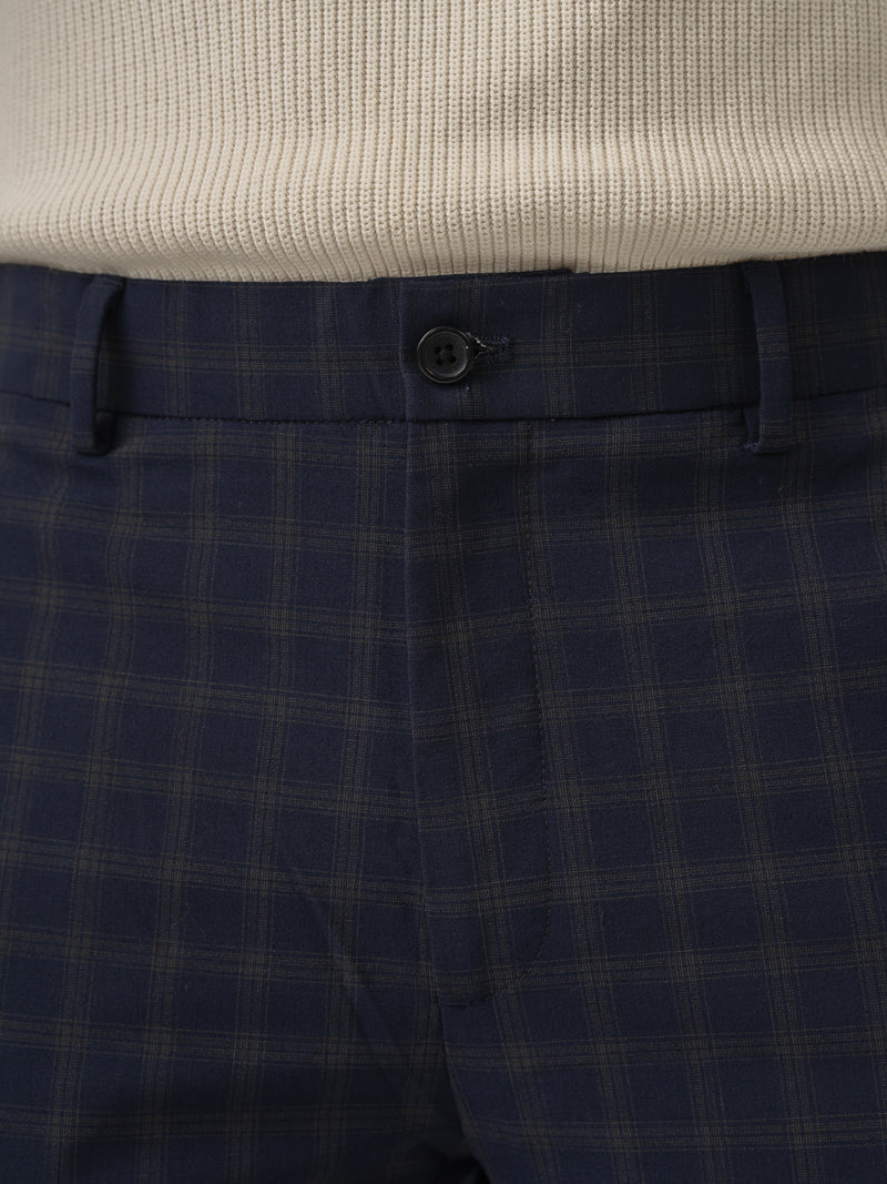 Waistband close up of nightlife navy checks merino wool pant at Pant Project