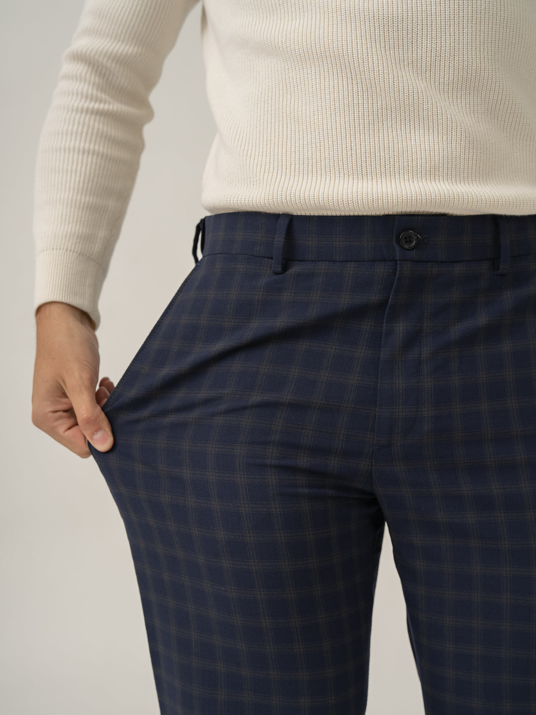 Stretch feature of nightlife navy checks merino wool pant at Pant Project