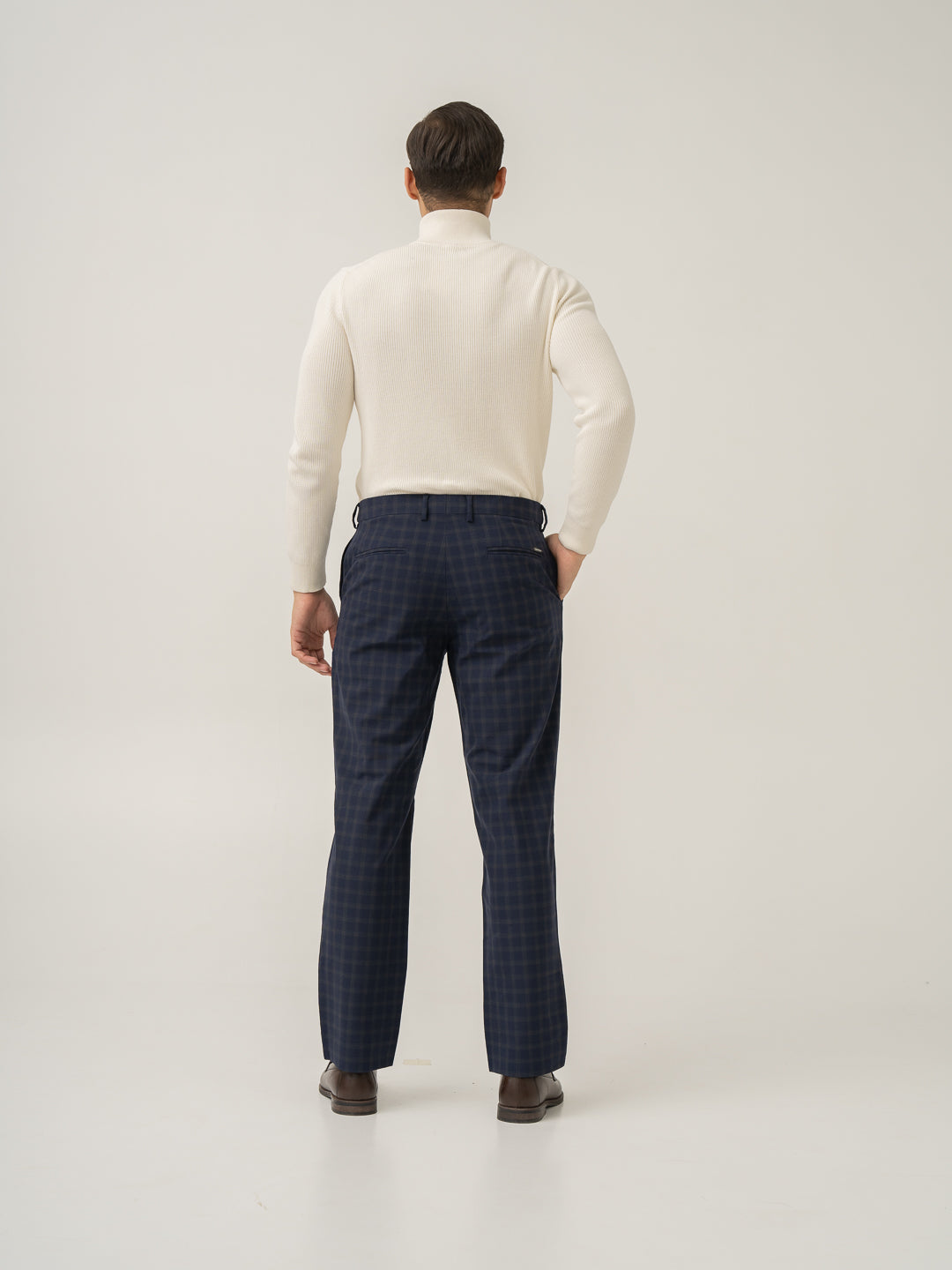 Full length back view of nightlife navy checks merino wool pant at Pant Project